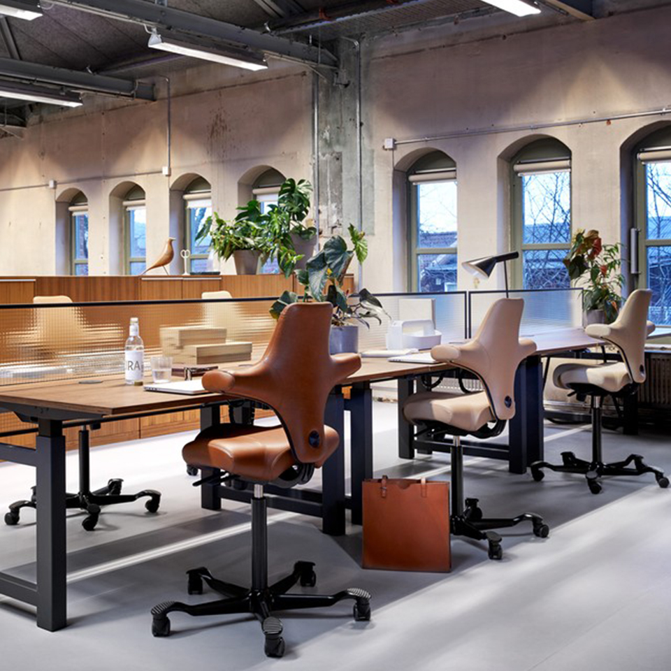 De HÅG Capisco 8106 in een open kantooromgeving — ook voor teams en projectinrichtingen leverbaar Rij HÅG Capisco 8106 stoelen in cognacbruin leder in open industrieel kantoor met bogen